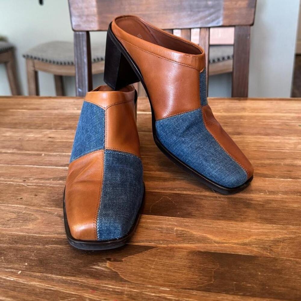 Vintage Y2K Worthington Denim & Leather Patchwork Square-Toe Mules